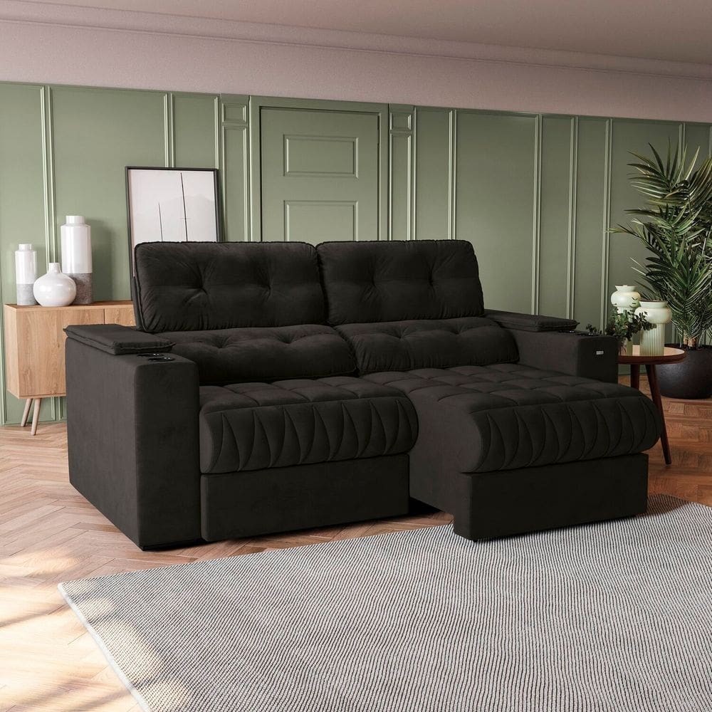 Sofá 230 cm com Porta Copos Retrátil e Reclinável Premier Preto