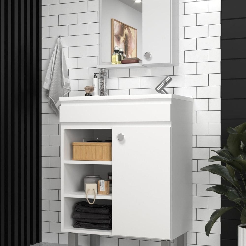 Conjunto Balcão para Banheiro com Espelheira Siena 55 Branco