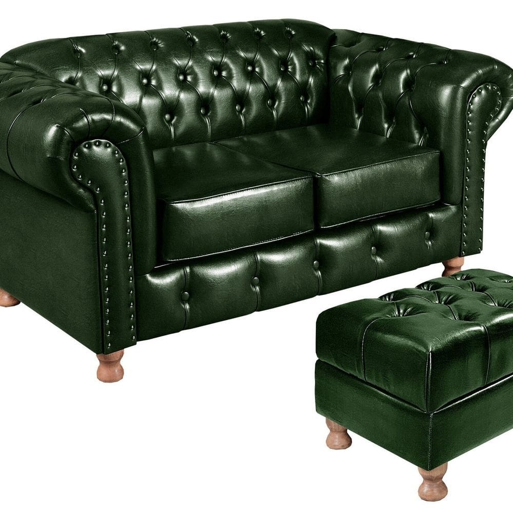 Sofá 2 Lugares Com Puff Luis XV Decoração Sala Recepção Retrô Verde