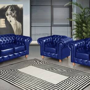 Conjunto de Sofá Luís Xv 2 Lugares + 2 Poltronas Chesterfield Capitonê Azul