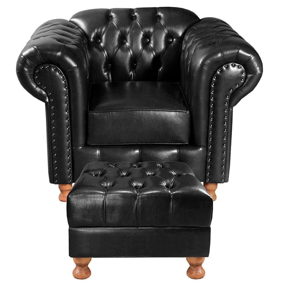 Poltrona Chesterfield Com Puff Capitonê Luís XV Preto