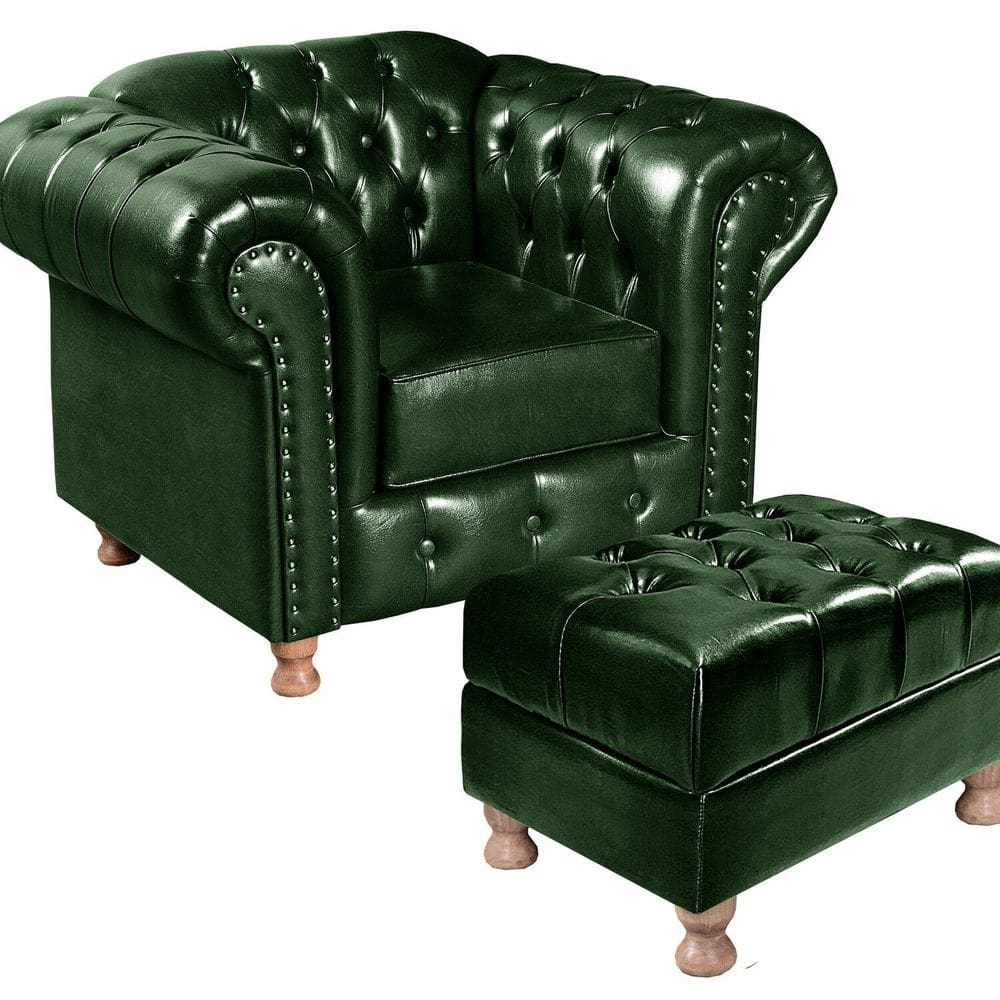 Poltrona Chesterfield Com Puff Capitonê Luís XV Verde