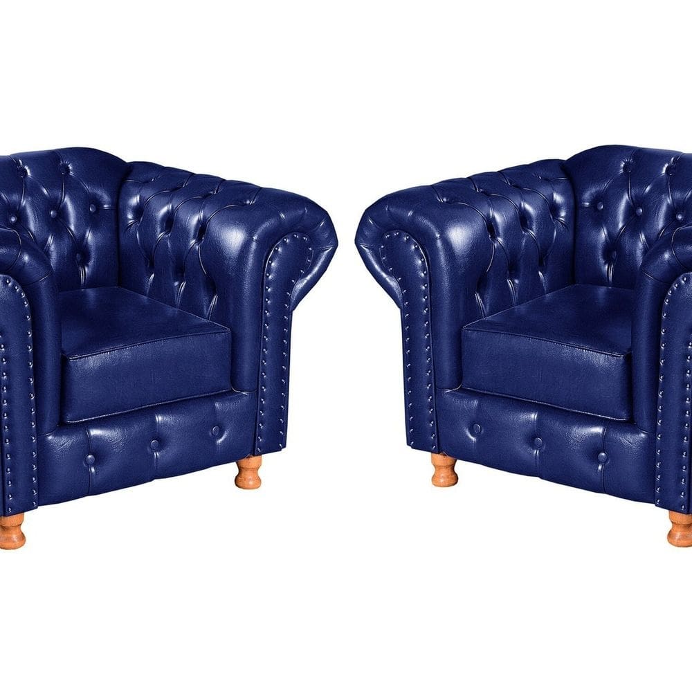 Conjunto 2 Poltronas Luis XV Chesterfield Vintage Molas Ensacadas Azul