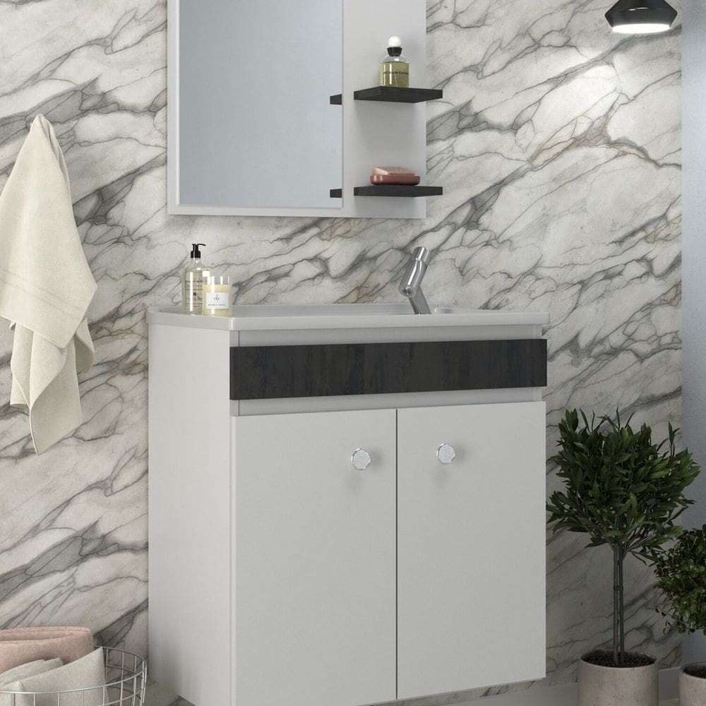 Conjunto Balcão para Banheiro com Espelheira Palermo 55 Suspenso Branco/Carbono