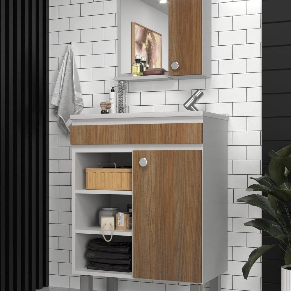 Conjunto Balcão para Banheiro com Espelheira Siena 55 Branco/ Noce