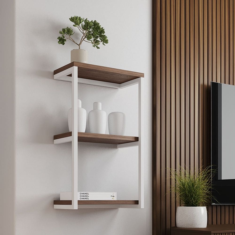 Nicho de Parede Industrial para Quarto 3 Prateleiras Milão - Branco e Imbuia