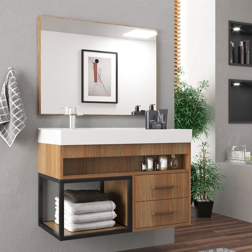 Conjunto Balcão para Banheiro com Espelheira New 80 Noce