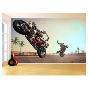 Papel De Parede 3D Moto Grau Empinando Manobra 3,5M Bkm32