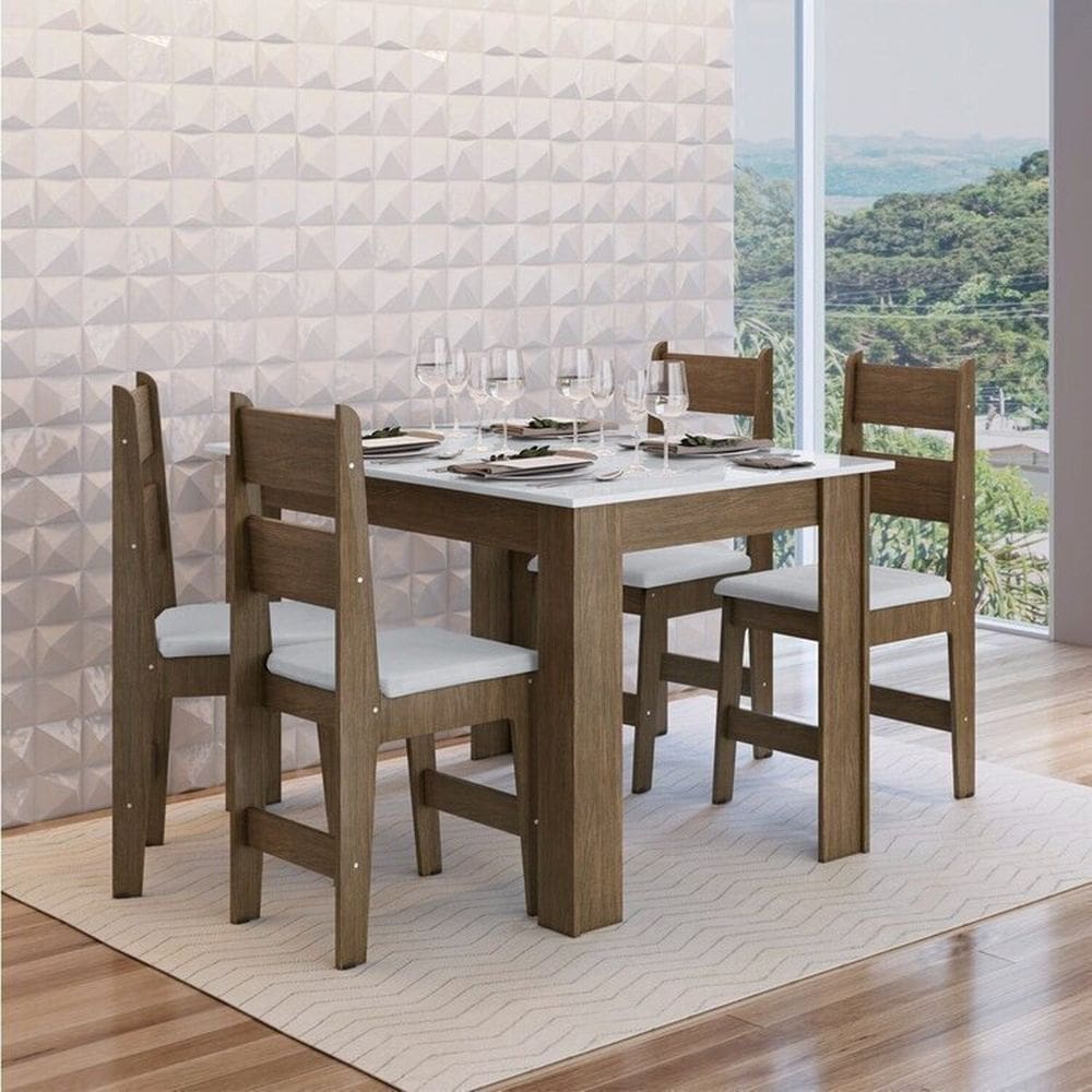 Conjunto Sala de Jantar Mesa Fixa com 4 Cadeiras Ameixa Negra