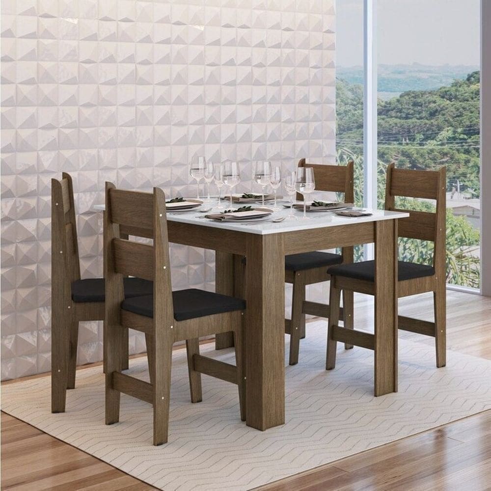 Conjunto Sala de Jantar Mesa Fixa com 4 Cadeiras Ameixa Negra