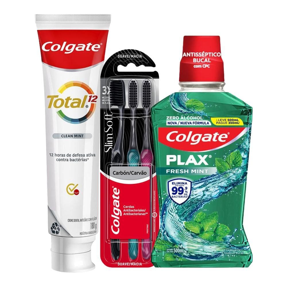 Kit 3 Escovas Colgate Slim Soft Black + Creme Dental Clean Mint 180g + Enxaguante Bucal Fresh Mint 500ml