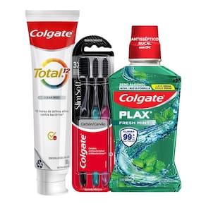 Kit 3 Escovas Colgate Slim Soft Black + Creme Dental Clean Mint 180g + Enxaguante Bucal Fresh Mint 500ml