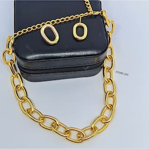 Kit Colar e Brincos Choker Elo Oval grosso Corrente Grande Folheado Ouro Dourado Par Brinco Antialérgico Tendência Moda