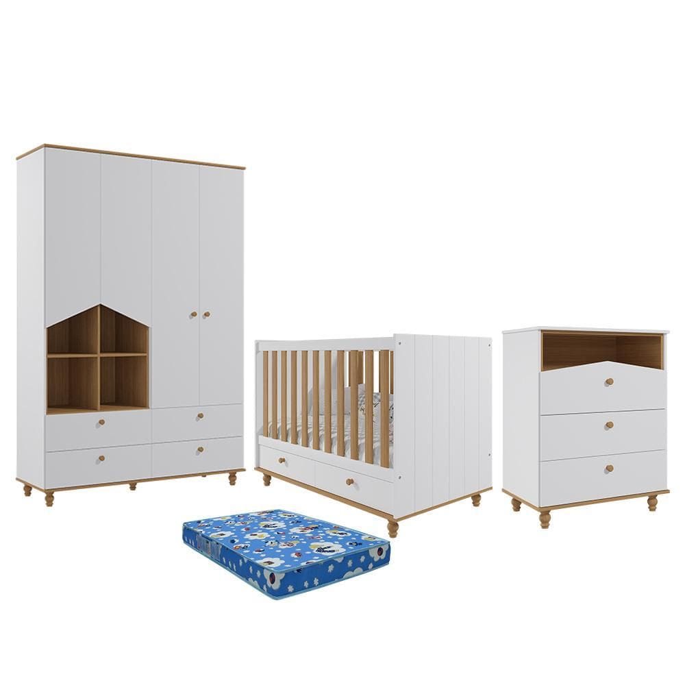 Dormitório Casinha Guarda Roupa, Cômoda 3 Gavetas e Berço Candy com Colchão Physical - Permóbili Baby