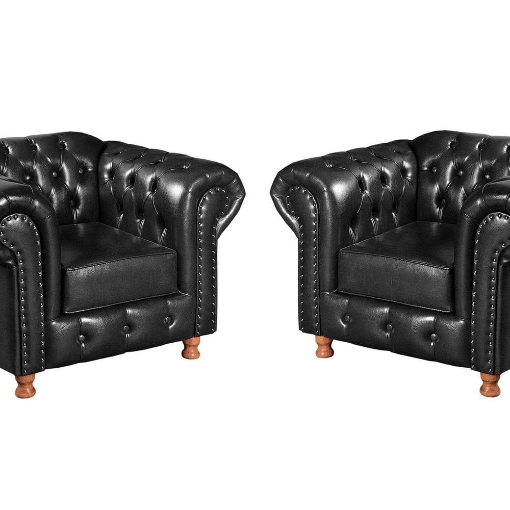 Conjunto 2 Poltronas Luis XV Chesterfield Vintage Molas Ensacadas Preto