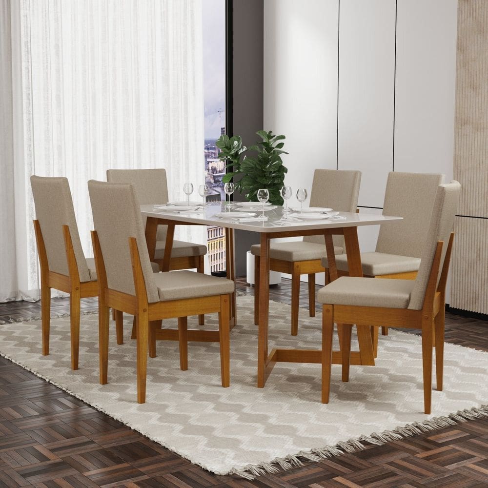 Conjunto Mesa Califórnia com Vidro 6 Cadeiras Dakota Cerejeira Tecido A40 100% Madeira Maciça Cerejeira/ Palha