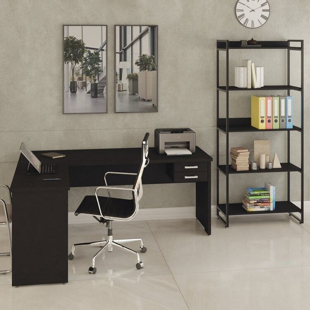 Conjunto Home Office 2 Peças com Escrivaninha Work30 e Estante Kuadra Preto Onix