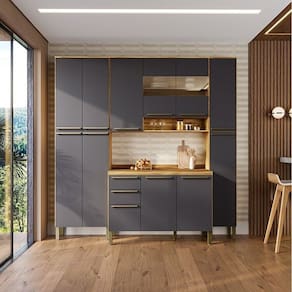 Cozinha Compacta Modulada 4 Peças 12 Portas e 2 Gavetas com Vidro e Tampo Itália Espresso Móveis Amêndoa/Cinza