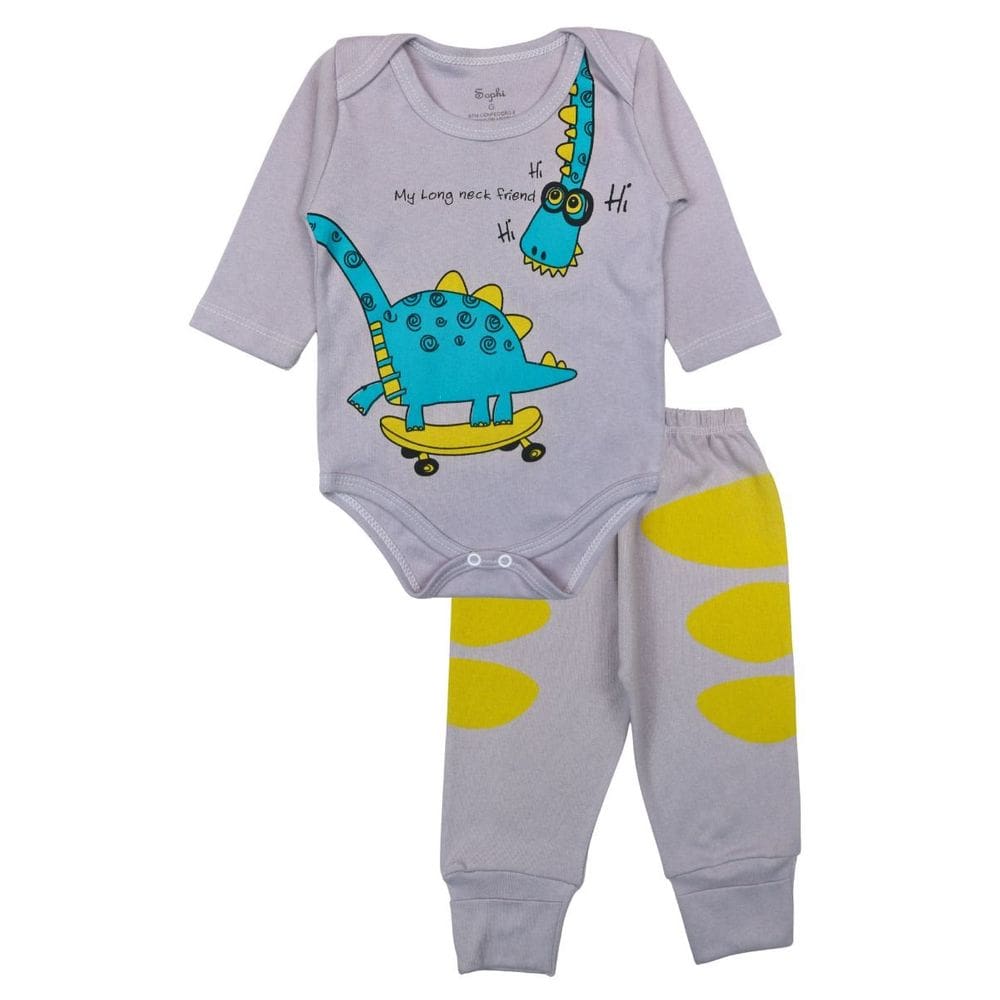 Conjunto Body Bebê Longo Algodão Cinza Estampado Menino
