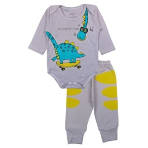 Conjunto Body Bebê Longo Algodão Cinza Estampado Menino