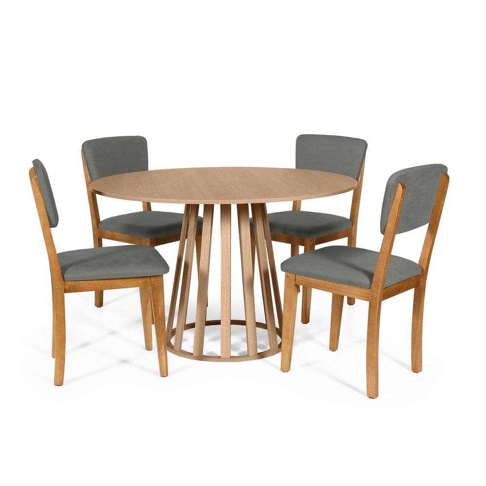 Mesa de Jantar Redonda Gabi Jade com 4 Cadeiras Estofadas Ella Cinza