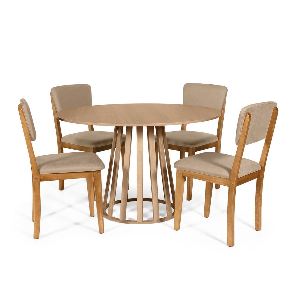 Mesa de Jantar Redonda Gabi Jade com 4 Cadeiras Estofadas Ella Bege
