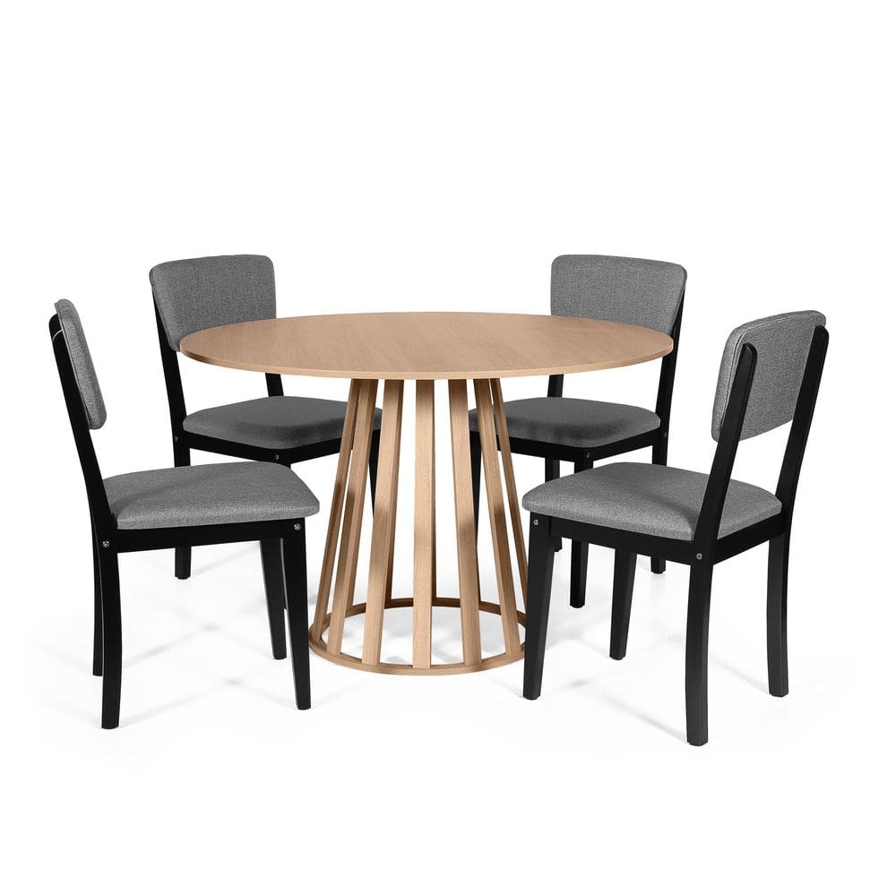 Mesa de Jantar Redonda Gabi Jade com 4 Cadeiras Estofadas Ella Preto/Cinza Escuro