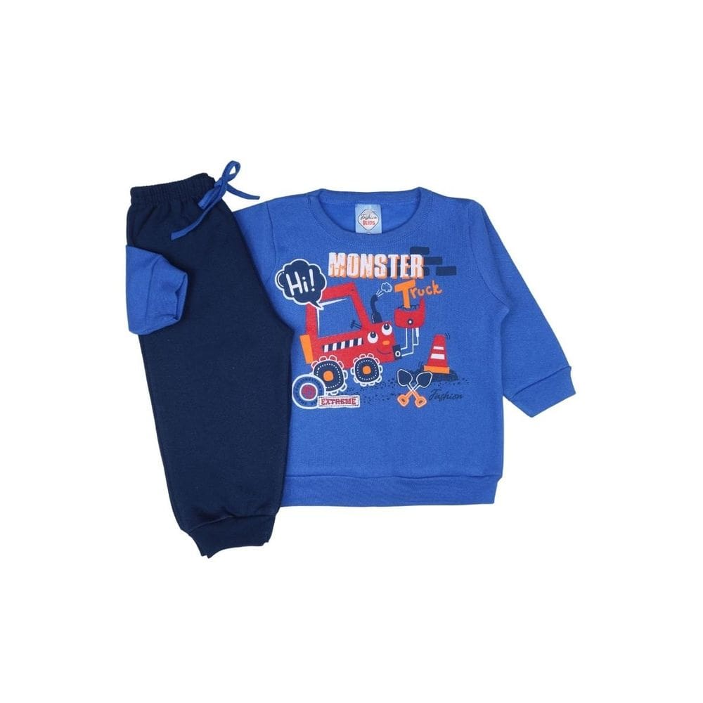 Conjunto Moletom Azul Bebê Menino Monster Truck Inverno Frio