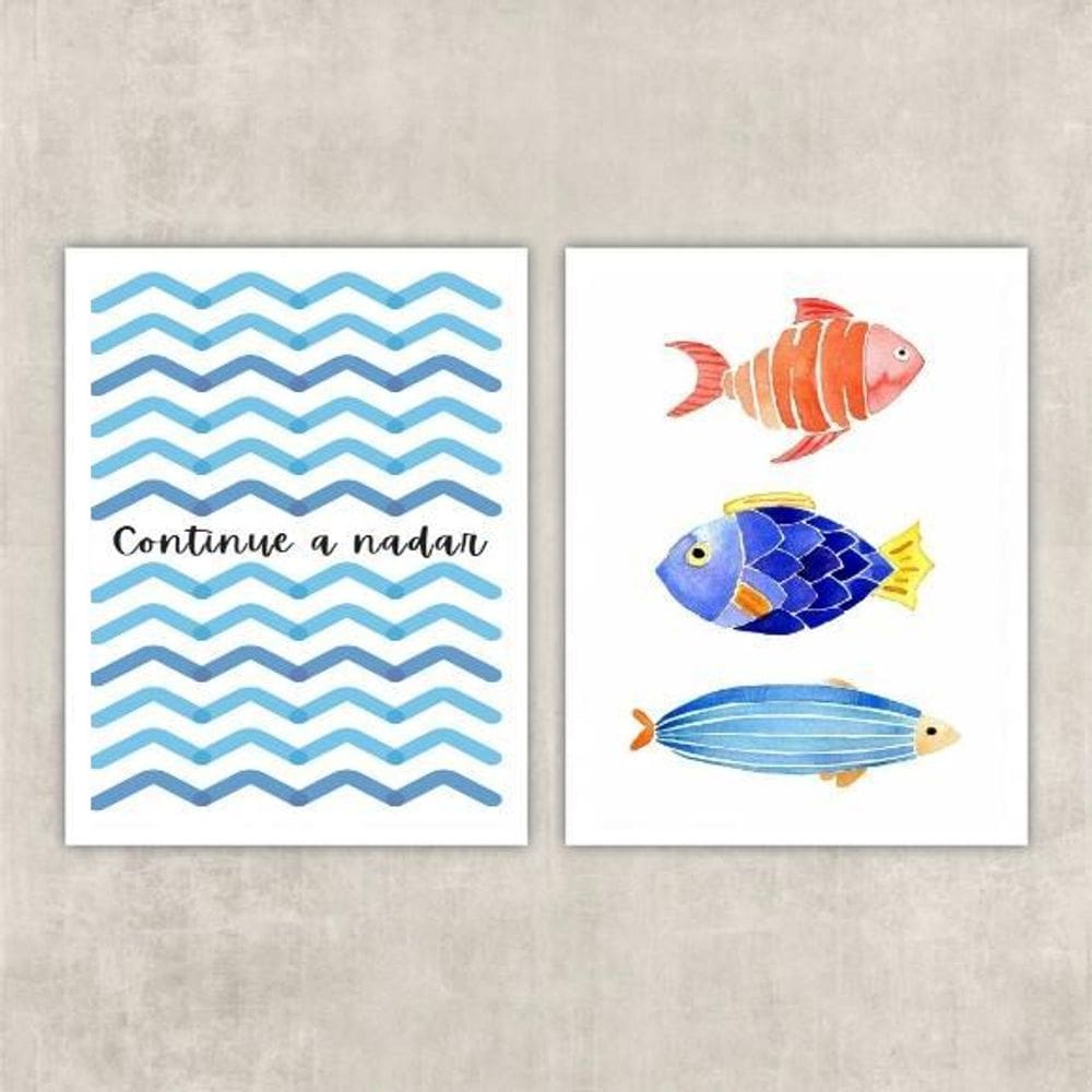 Kit 2 Quadros Peixes Nadar 45x34cm - Madeira