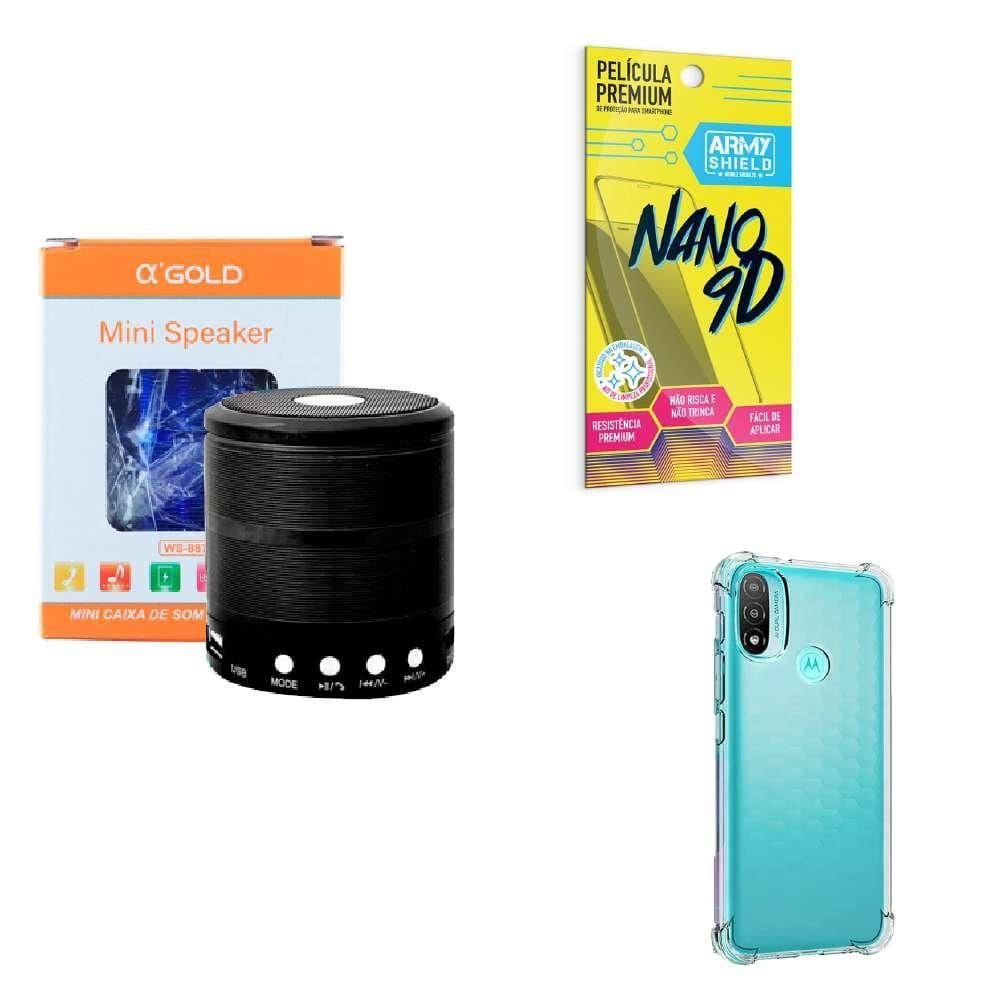 Kit caixa de som + capinha motorola e20 + película 9d
