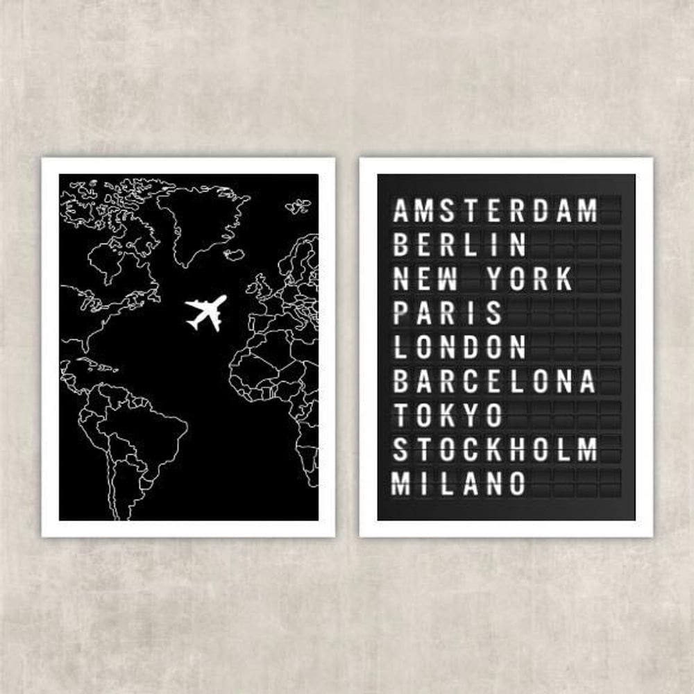 Kit 2 Quadros Viagem Placa De Aeroporto 33X24Cm - Com Vidro