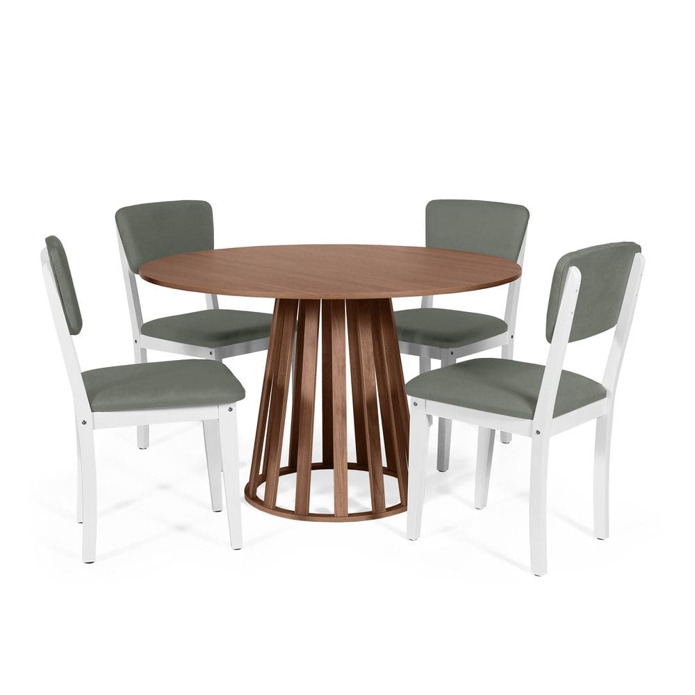 Mesa de Jantar Redonda Gabi Noronha com 4 Cadeiras Estofadas Ella Branco/Cinza