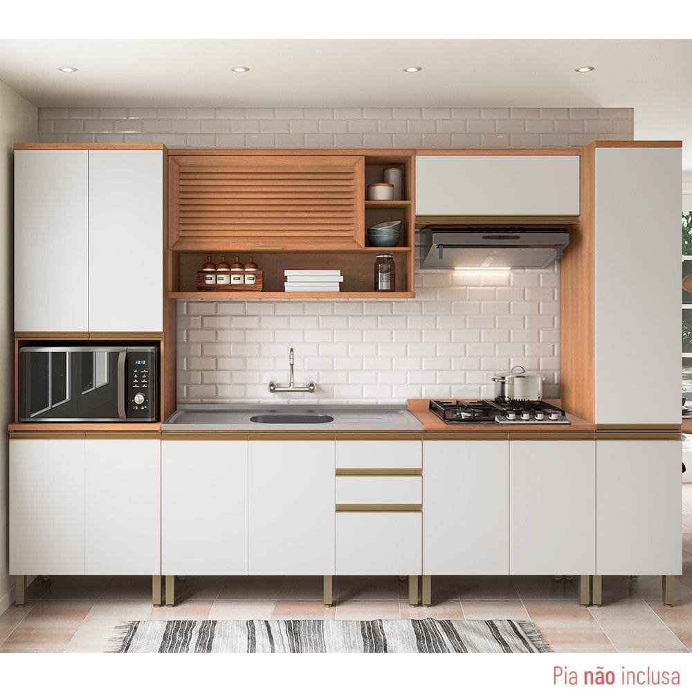 Cozinha Completa Macadâmia 12 Portas 3 Gavetas Freijó/Branco - Thela