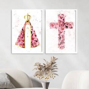 Kit 2 Quadros Nossa Senhora E Cruz Flores 33X24Cm Branca