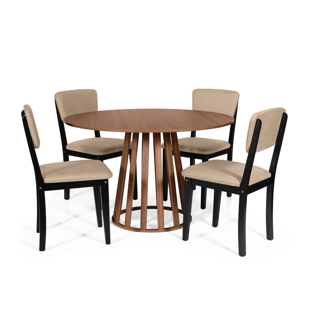Mesa de Jantar Redonda Gabi Noronha com 4 Cadeiras Estofadas Ella Preto/Bege