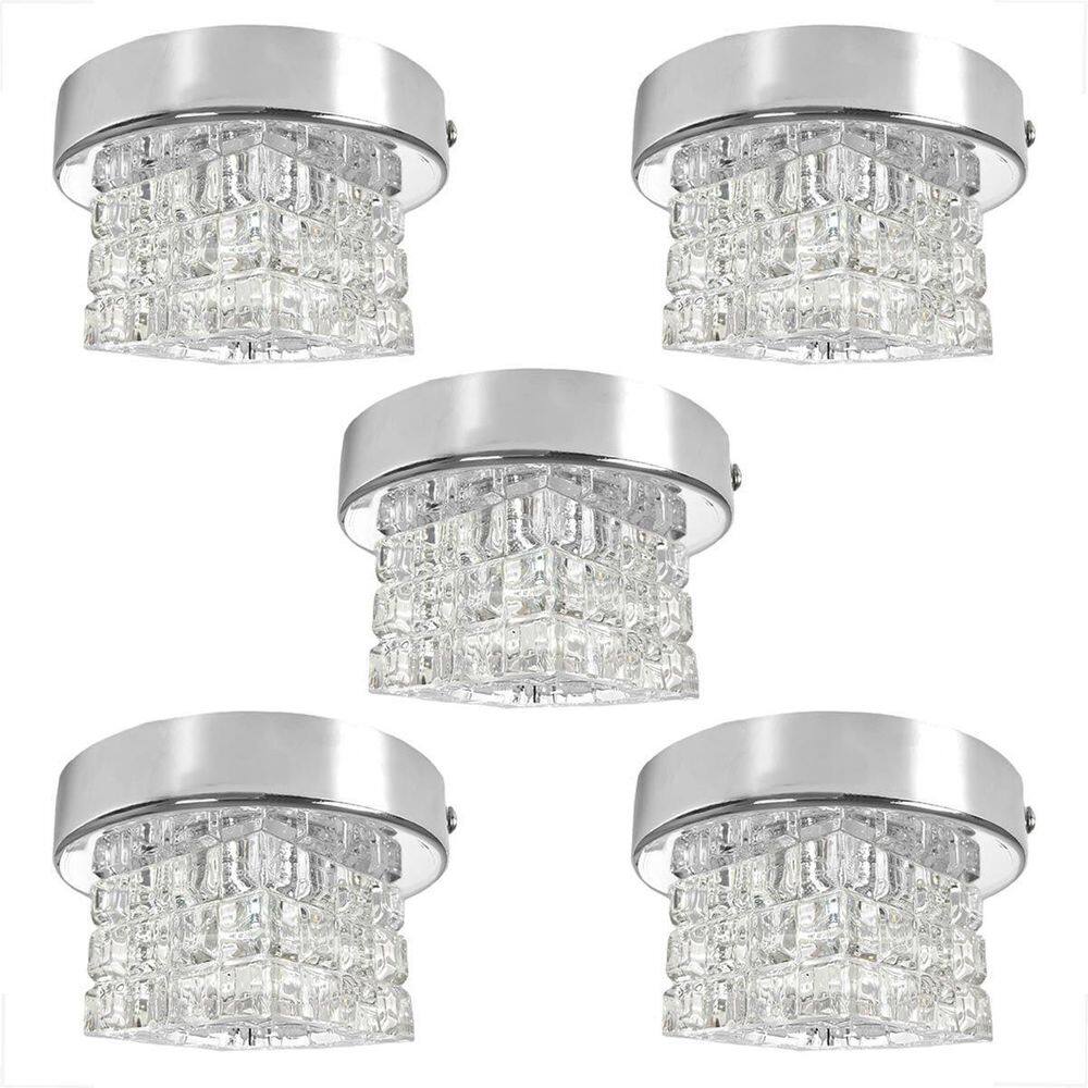 Kit 5 Spot Cristal Plafon Sobrepor Prata Brilhoso Corredor