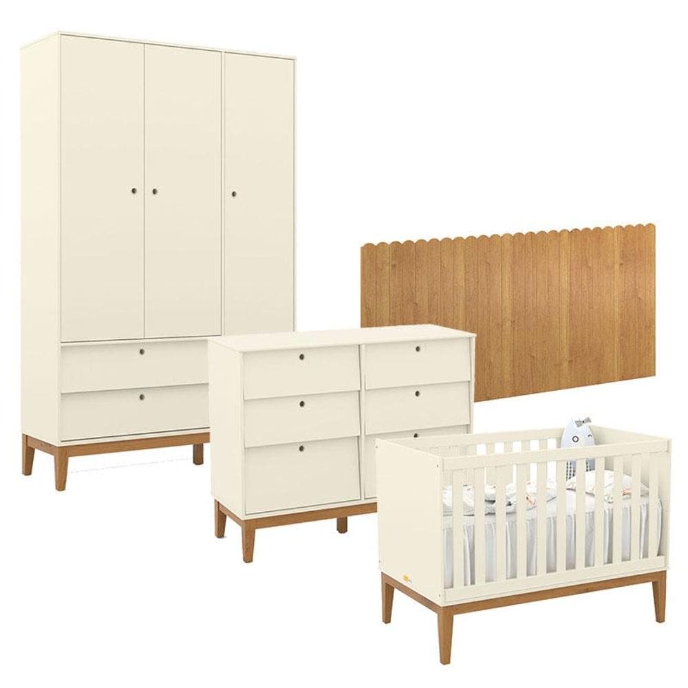 Quarto de Bebê Unique 3 Portas com Cômoda 6 Gavetas e Painel Farm Off White Eco Wood - Matic
