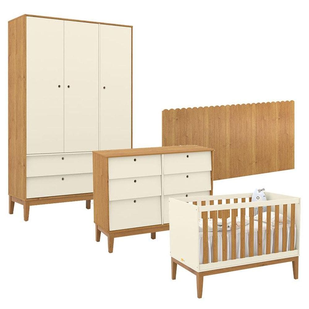 Quarto de Bebê Unique 3 Portas com Cômoda 6 Gavetas e Painel Farm Off White Freijó Eco Wood - Matic