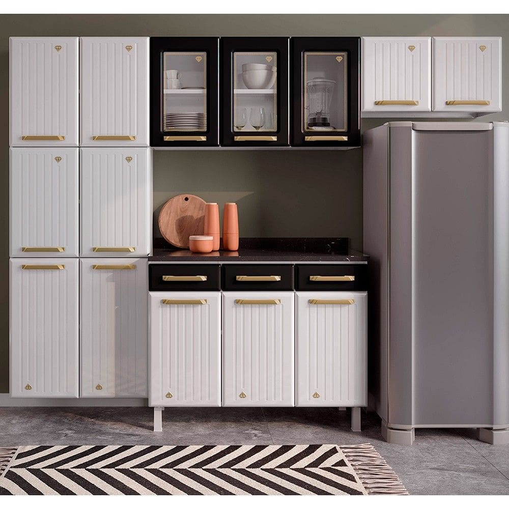 Cozinha Completa Aço Diamante 14 Portas 3 Gavetas Branco/Preto - Telasul