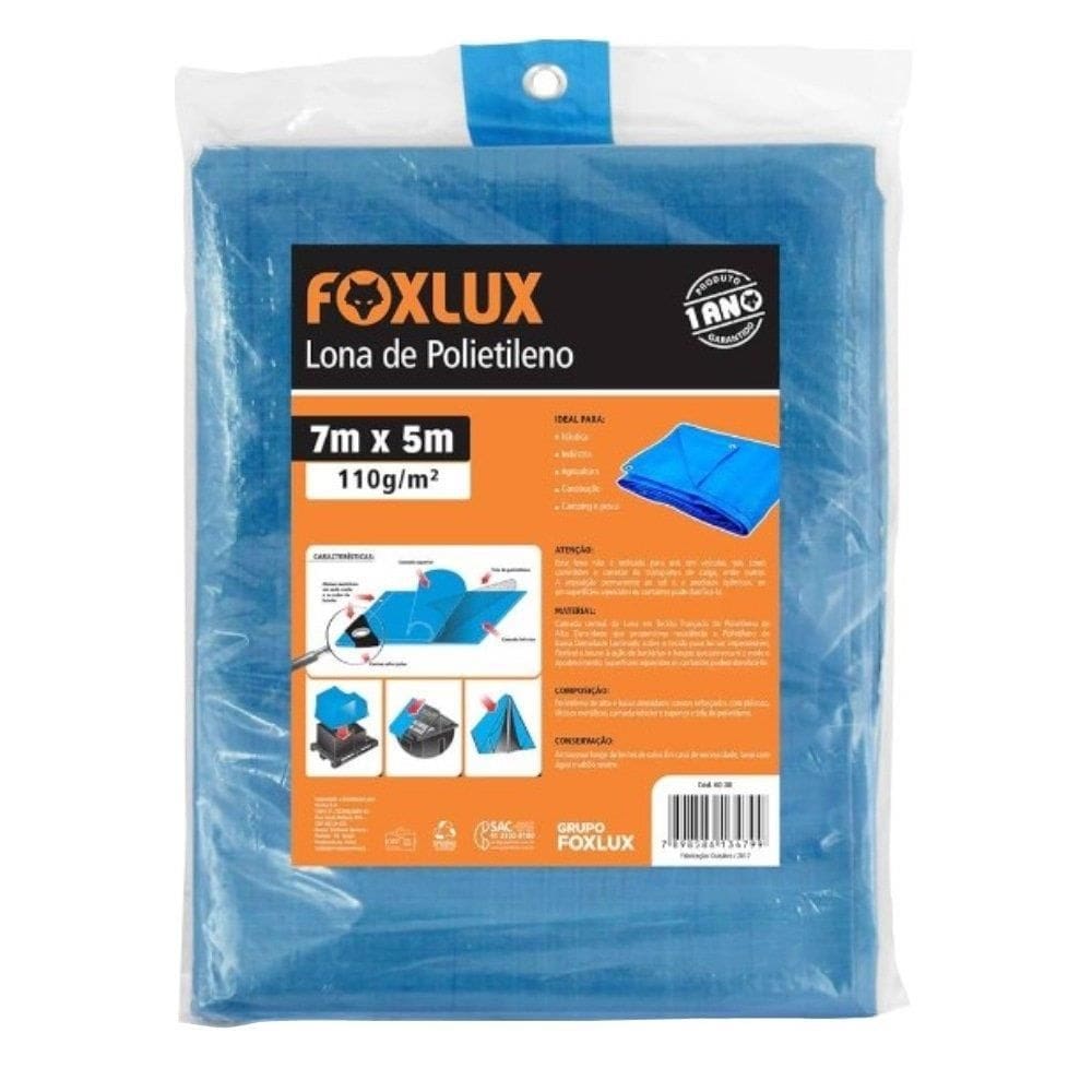 Lona Plástica Azul Foxlux com Ilhos Cantos Reforçados 7mX5m