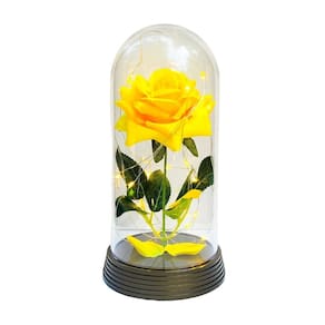 Luminária a rosa encantada amarela 20 cm base ouro quente