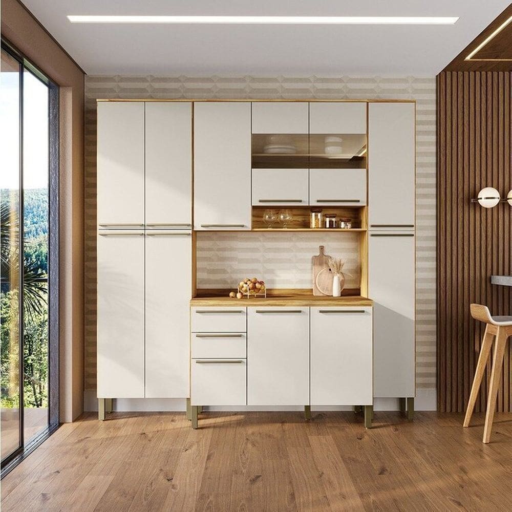Cozinha Compacta Modulada 4 Peças 12 Portas e 2 Gavetas com Vidro e Tampo Itália Espresso Móveis Amêndoa/Off White