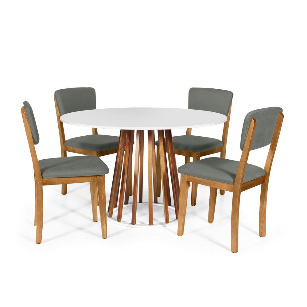 Mesa de Jantar Redonda Gabi Nat/Bran com 4 Cadeiras Estofadas Ella Cinza
