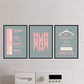 Kit 3 Quadros Lavanderia Cinza E Rosa 33X24CmVidro Preta