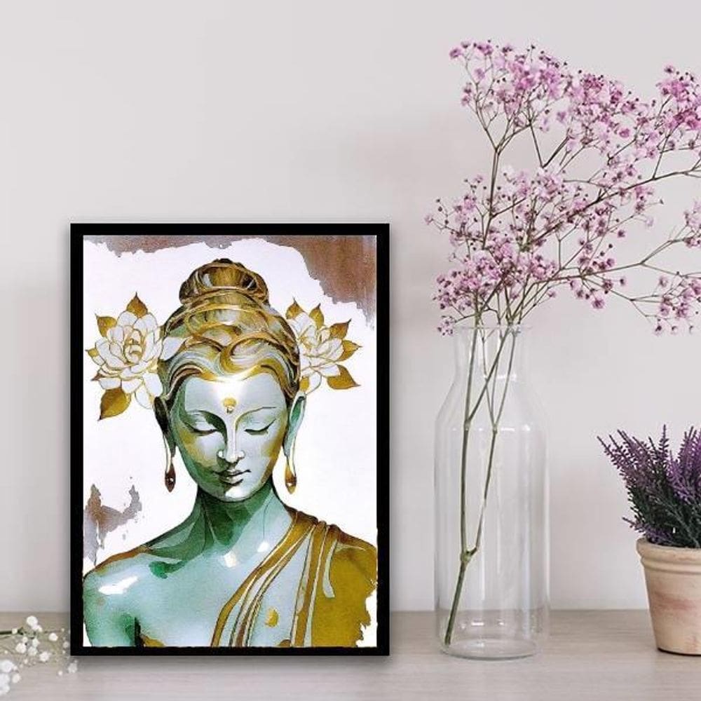 Quadro Buda Branco Com Dourado 45X34Cm - Com Vidro Preta