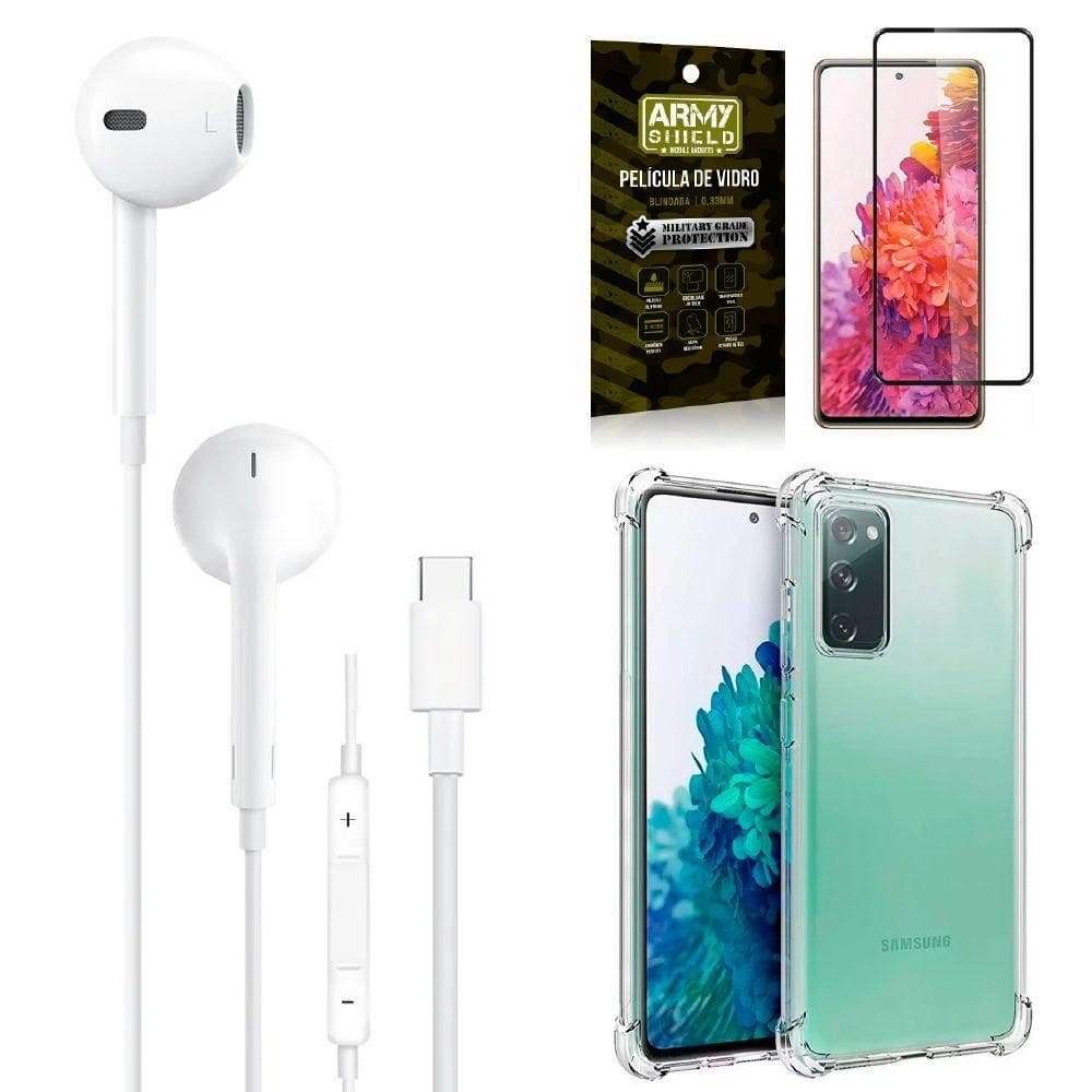 Capa samsung s20 fe + fone de ouvido tipo c + película 3d