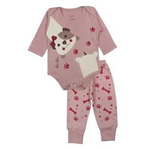 Conjunto Body Bebê Longo Algodão Rose Estampado Menina