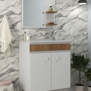 Conjunto Balcão para Banheiro com Espelheira Palermo 55 Suspenso Branco/ Noce