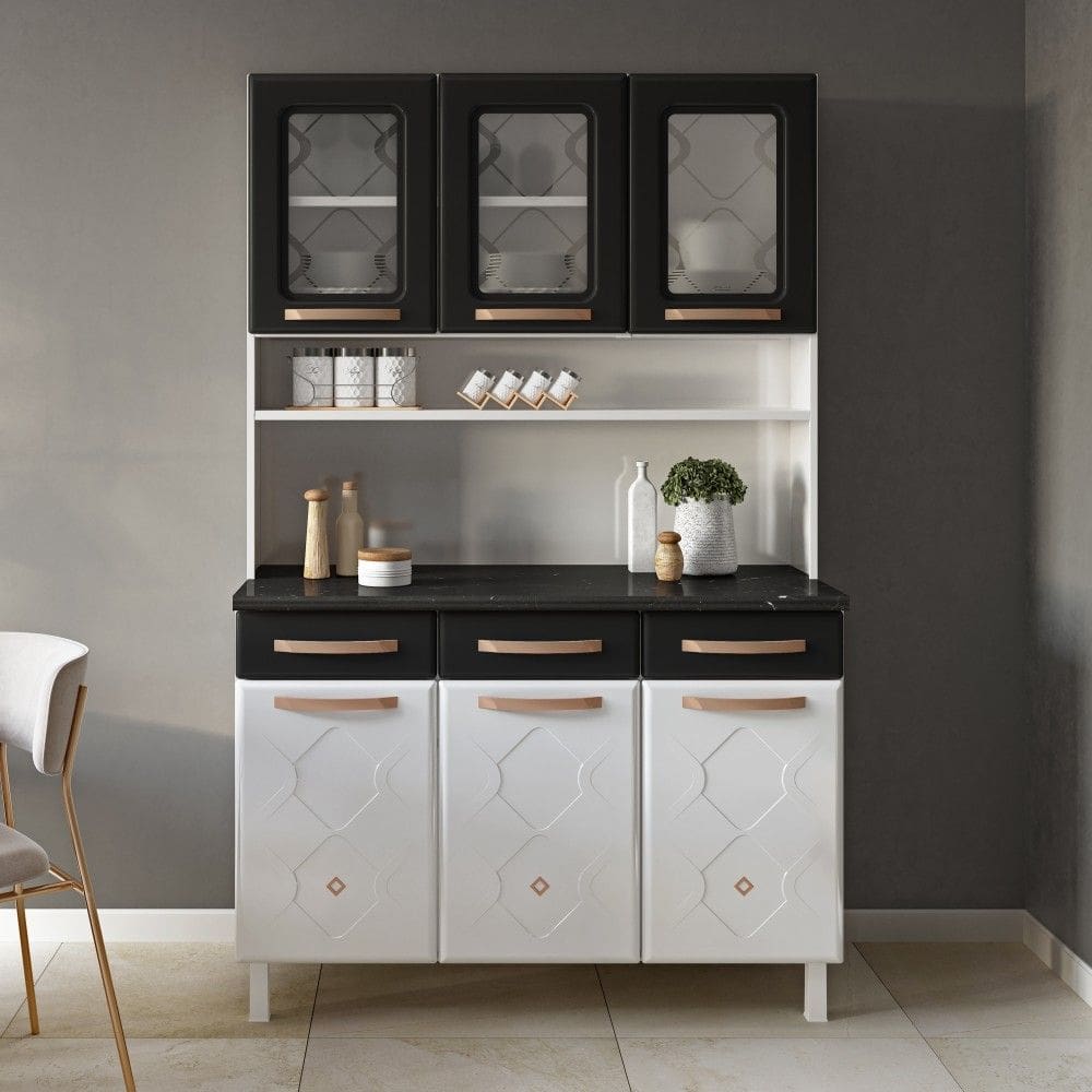 Armário de Cozinha Aço Mirage New 6 Portas 3 Gavetas Branco/Preto - Telasul