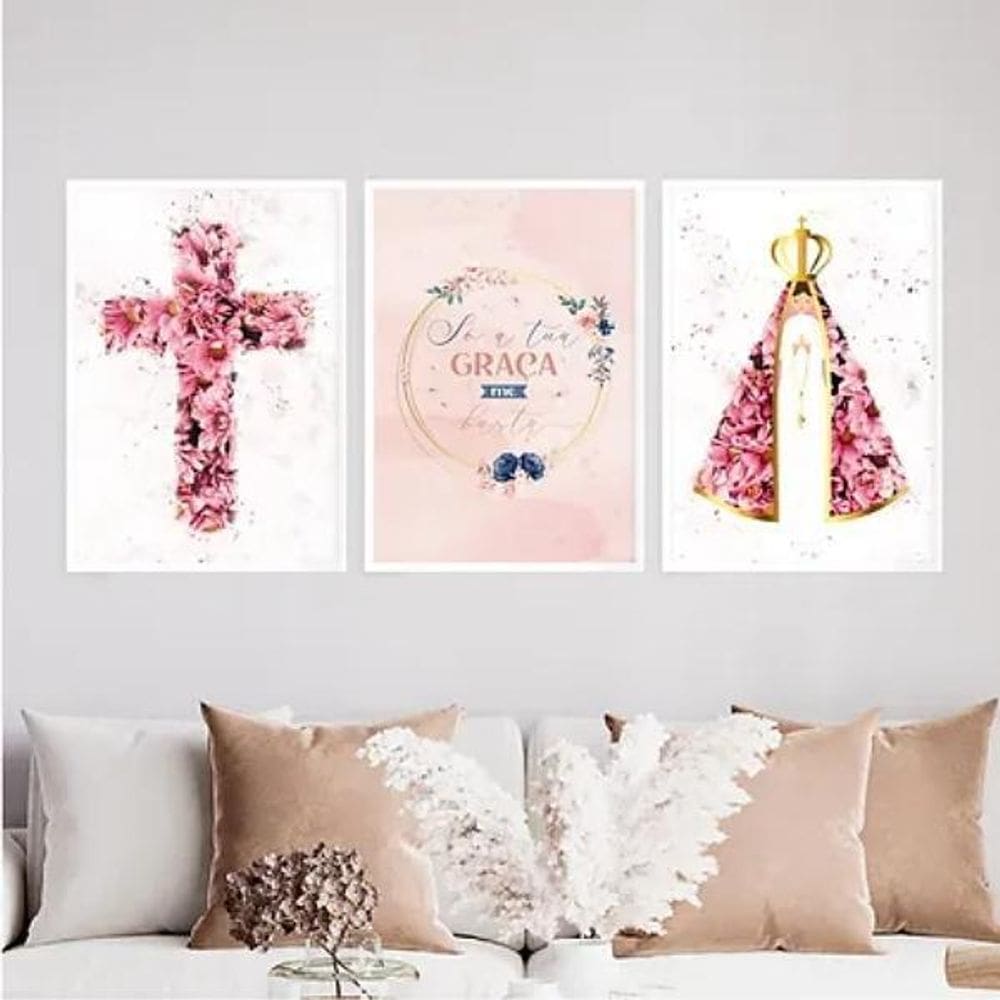 Kit 3 Quadros Nossa Senhora Aquarela 45X34Cm - Vidro Branca